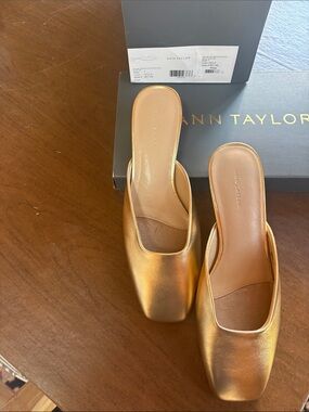 Ann Taylor Metallic Gold Square-Toe Mules